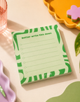 Compact square list-making notepad with smooth tear-off pages, lined writing space and tick boxes for capturing important ideas, appointments, work tasks and reminders—a fun stationery gift for busy or forgetful friends.