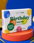 Birthday bergamot, lemongrass and lime soap bar, handmade in England with 100% natural essential oils and colourful confetti packaging—a fun birthday gift and self-care treat.