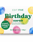 Colourful bergamot, lemongrass and lime soap bar with an uplifting citrus scent, creamy everyday lather and birthday-themed packaging, perfect for self-care gift boxes and birthday hampers.