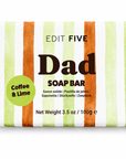 A packaged soap bar labeled 'EDIT FIVE Dad SOAP BAR' with a green and white striped wrapper featuring vertical orange stripes, plus a green circle that says 'Coffee & Lime.'. Colourfully packaged 100g Dad soap bar with a fresh citrus and coffee fragrance, natural essential oil and gentle exfoliation, ideal for men’s gift hampers and grooming sets.