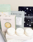 Relax box with space self-heating eye ask, sleep tea bag, 3x scented tea lights, energise bath soak, energise soap bar and milk chocolate bar. Perfect for thank you gifts, Christmas gifts, birthday gifts, congratulations gifts, client gifts, employee gifts or just because gifts.