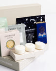 Relax box with space self-heating eye ask, sleep tea bag, 3x scented tea lights, energise bath soak, energise soap bar and milk chocolate bar. Perfect for thank you gifts, Christmas gifts, birthday gifts, congratulations gifts, client gifts, employee gifts or just because gifts.