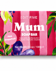 A rectangular bar of soap wrapped in a bright pink striped paper sleeve decorated with watercolor grapefruit and green leaves. The front reads 'EDIT FIVE Mum SOAP BAR' and 'Pink Grapefruit' in a pink circle. Gift-ready 100g Mum soap bar with an uplifting citrus fragrance and 100% natural pink grapefruit essential oil, ideal for gift hampers, care packages and relaxing self-care treats.