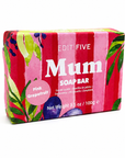 A pink grapefruit scented soap bar by Edit Five, wrapped in a colorful box featuring pink stripes, green leaves, and purple grapefruit illustrations, set against a plain white background. Natural pink grapefruit soap handmade in England—a thoughtful gift for Mum, Mother, Step-Mum or Mother-in-Law for birthdays, Christmas, Mother’s Day or simply to show appreciation.