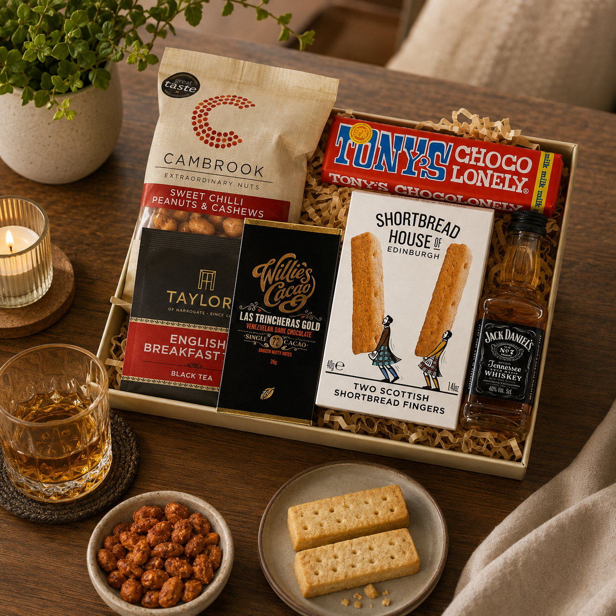 Luxury letterbox gift hamper for him featuring Jack Daniel's whiskey, artisan chocolate, English breakfast tea, sweet chilli peanuts and shortbread presented in a premium Hallby gift box.