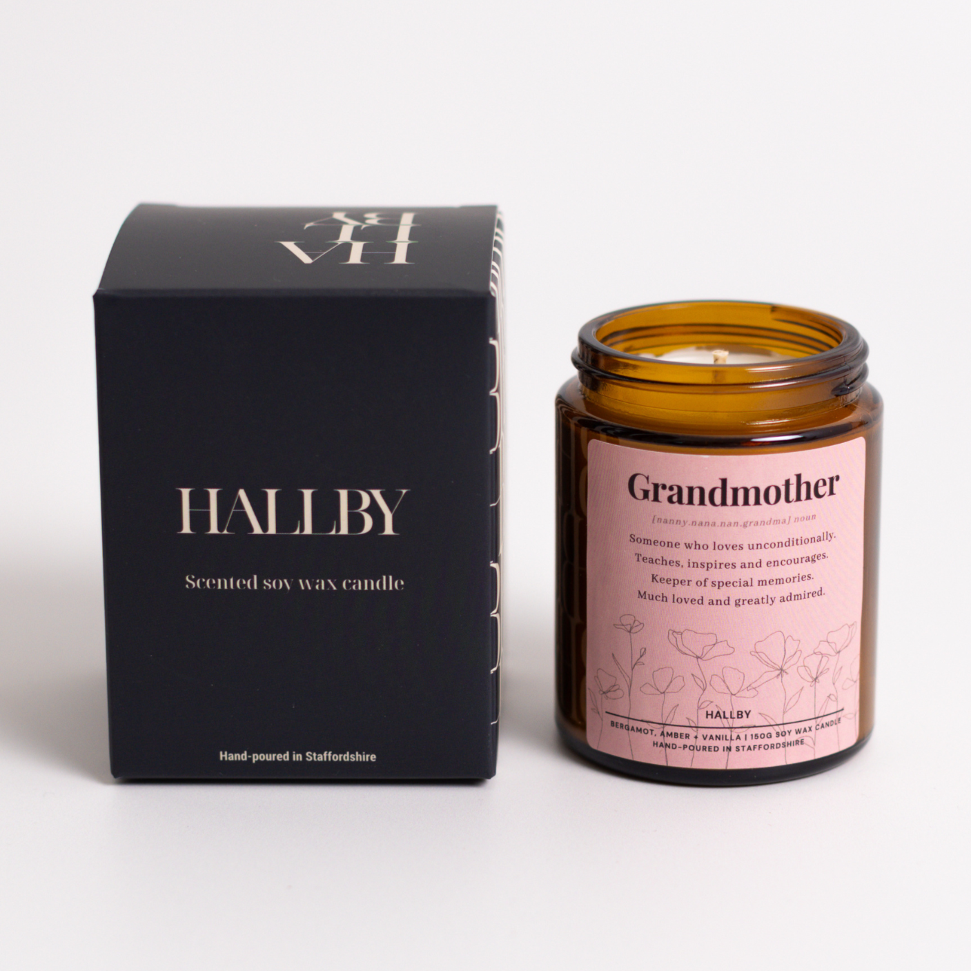 Grandmother noun Soy wax candle in 180ml apothecary style jar and Hallby branded box.