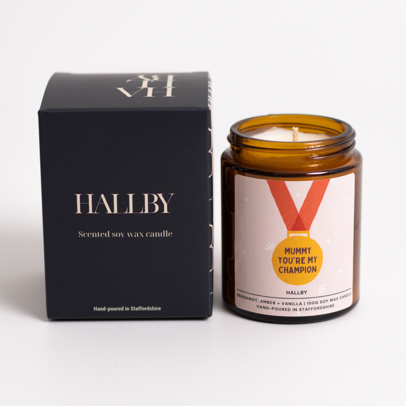 Mummy you're my champion Soy wax candle in 180ml apothecary style jar and Hallby branded box.