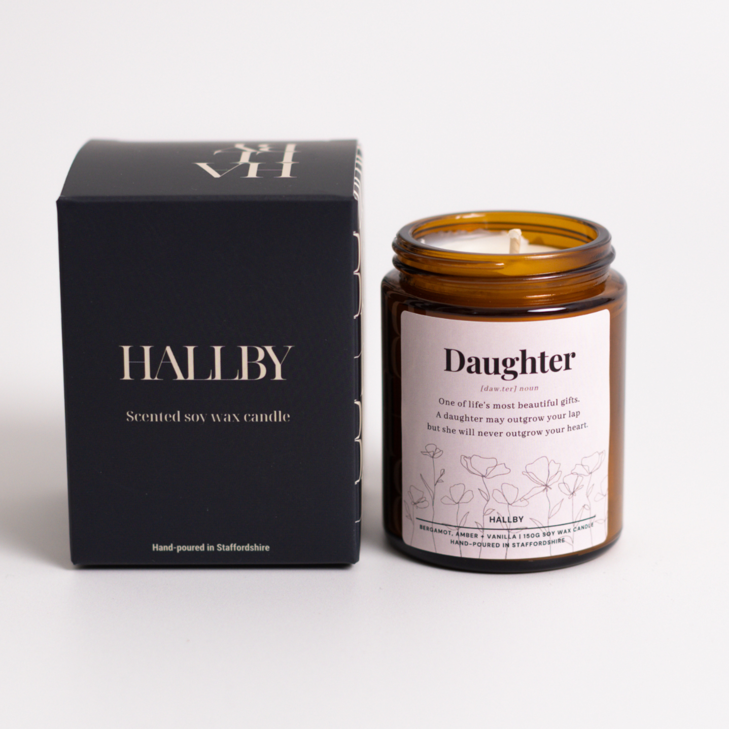 Daughter noun Soy wax candle in 180ml apothecary style jar and Hallby branded box.