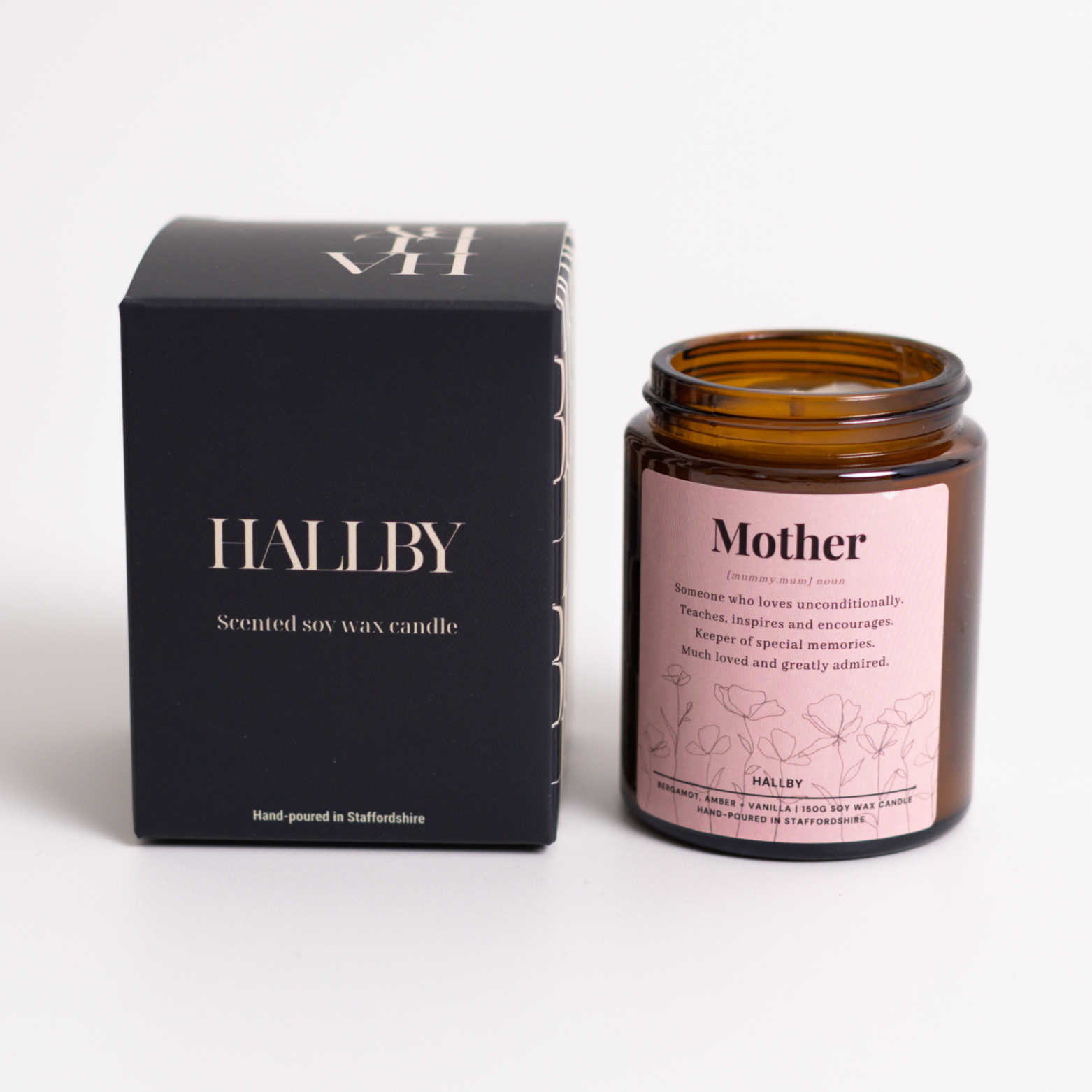 Mother noun Soy wax candle in 180ml apothecary style jar and Hallby branded box.