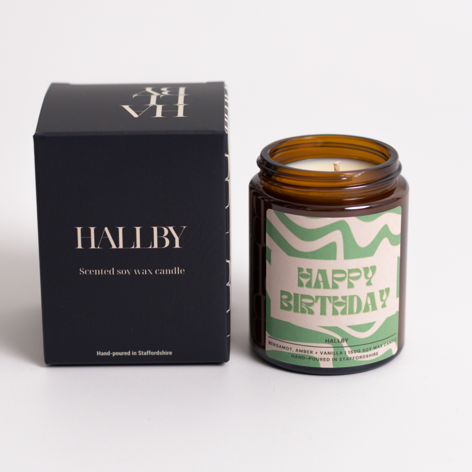 Happy Birthday Soy wax candle in 180ml apothecary style jar and Hallby branded box.