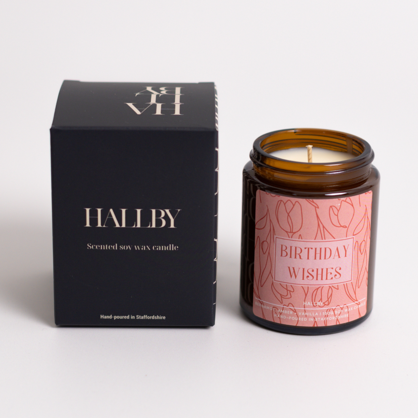 Birthday Wishes Soy wax candle in 180ml apothecary style jar and Hallby branded box.