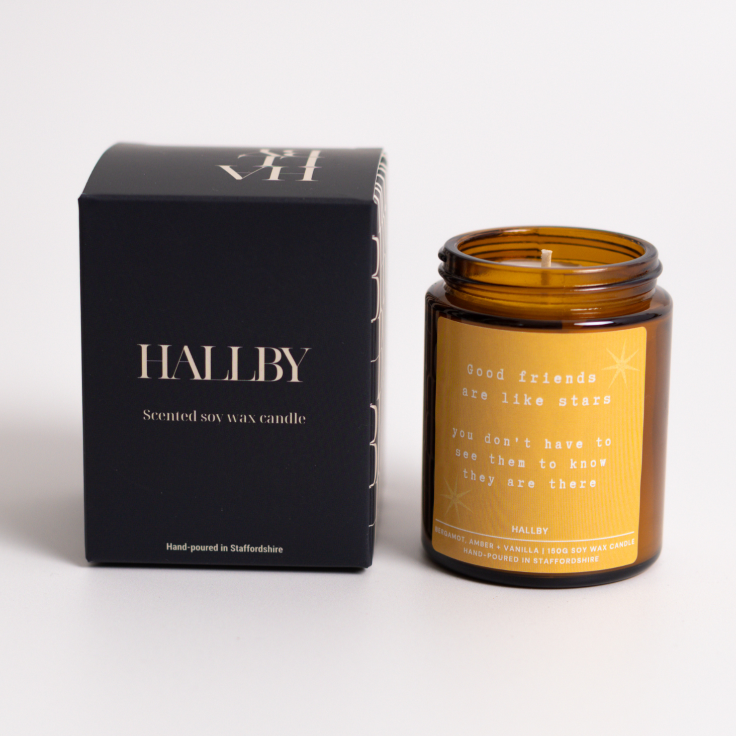 Good friends are like stars Soy wax candle in 180ml apothecary style jar and Hallby branded box.