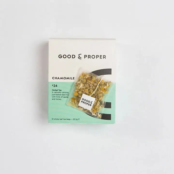 good & proper chamomile herbal tea, herbal tea, good & proper, chamomile tea, flavoured tea, whole leaf tea bags, 22.5g tea bags, calming tea, apple and honey tea, bedtime tea bags, luxury tea bags, posh tea bags, gifting tea, tea gifts, tea lovers, tea heaven, tasty tea, great tasting tea, perfectly packaged tea