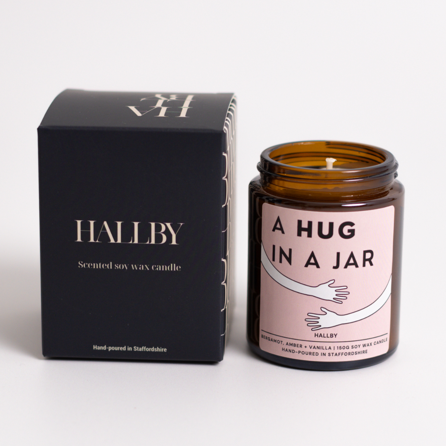 Hug in a jar Soy wax candle in 180ml apothecary style jar and Hallby branded box.