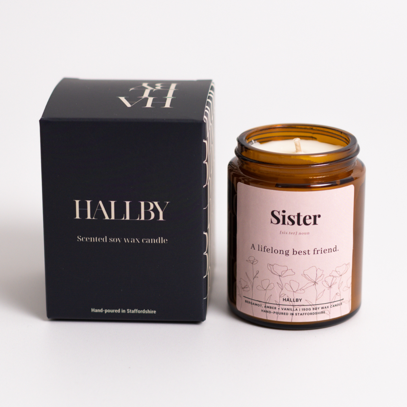 Sister noun Soy wax candle in 180ml apothecary style jar and Hallby branded box.