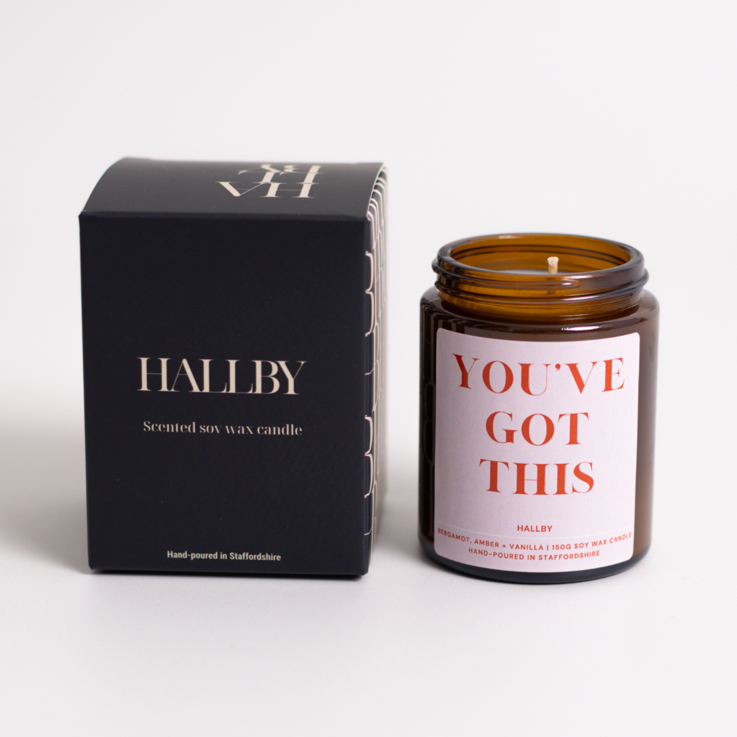 You've got this Soy wax candle in 180ml apothecary style jar and Hallby branded box.