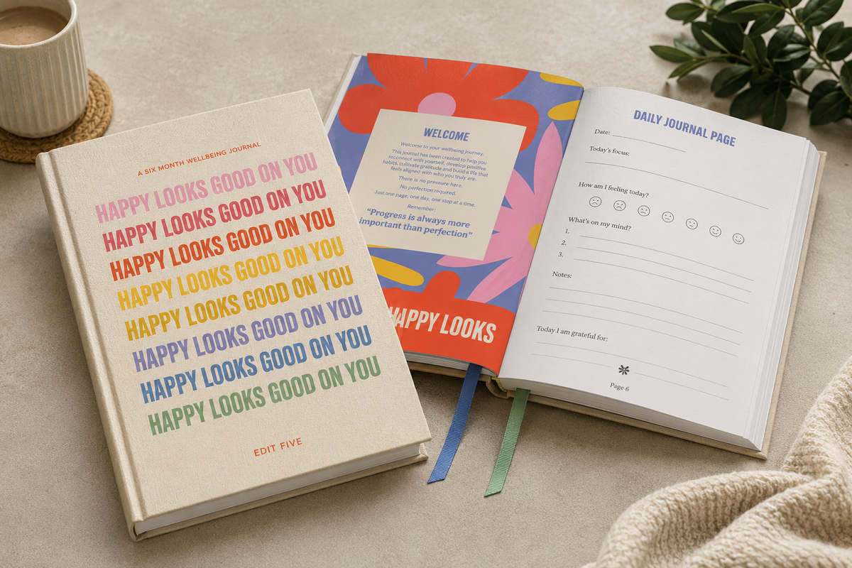 Edit Five six-month wellness and self-care journal featuring guided daily journalling, positive affirmations, mood trackers, goal-setting pages and personal-growth exercises.