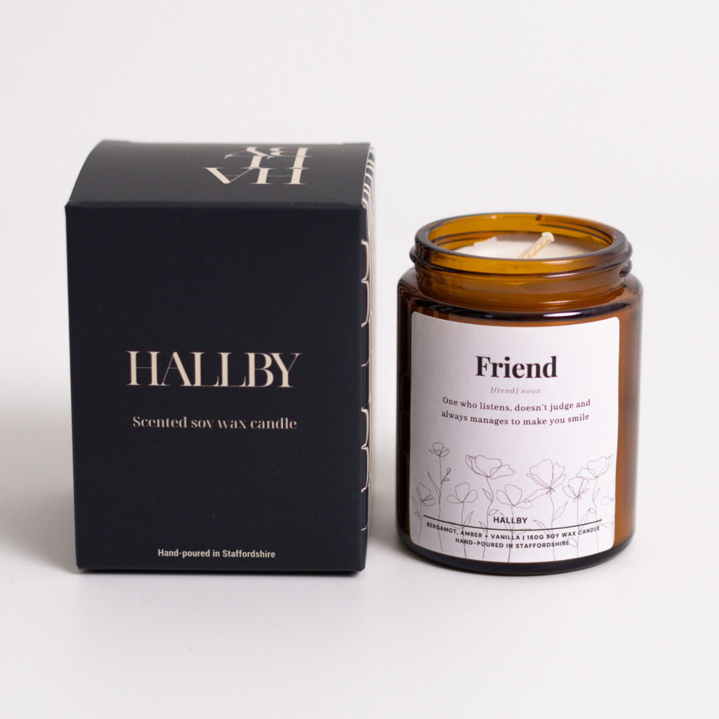 Friend noun Soy wax candle in 180ml apothecary style jar and Hallby branded box.