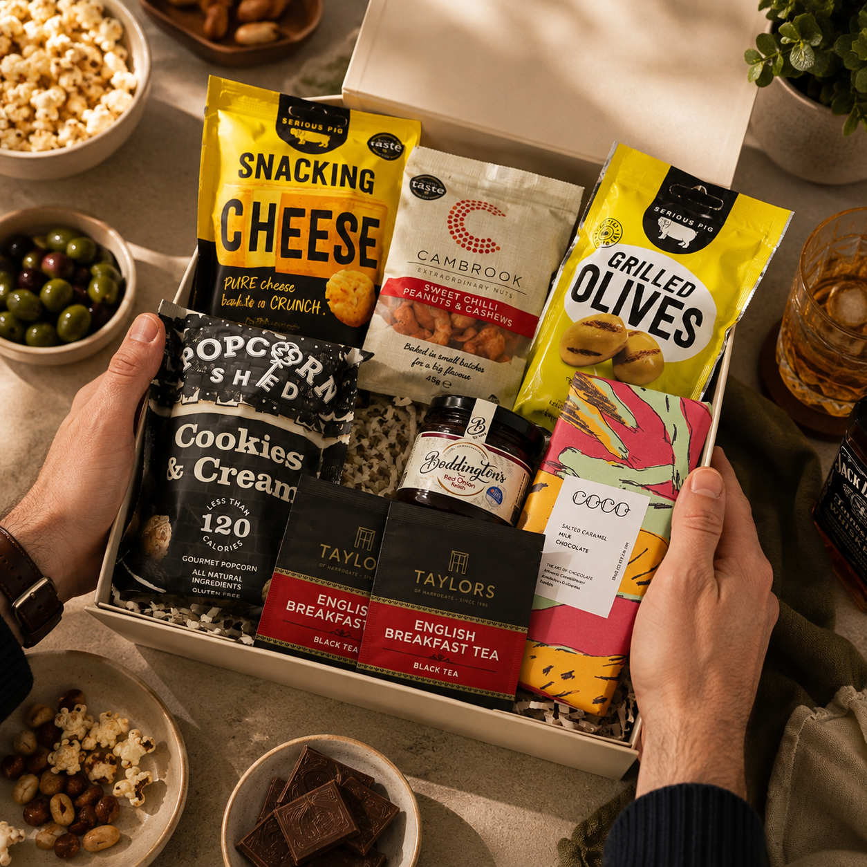 Luxury gourmet gift hamper presented in a premium magnetic gift box featuring cookies and cream popcorn, chilli jam, English Breakfast tea, grilled olives, salted caramel milk chocolate, sweet chilli peanuts and cashews, and snacking cheese.