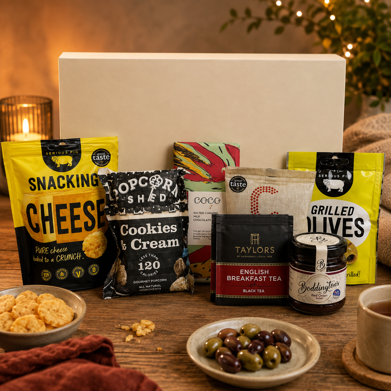 Luxury gourmet gift hamper presented in a premium magnetic gift box featuring cookies and cream popcorn, chilli jam, English Breakfast tea, grilled olives, salted caramel milk chocolate, sweet chilli peanuts and cashews, and snacking cheese.