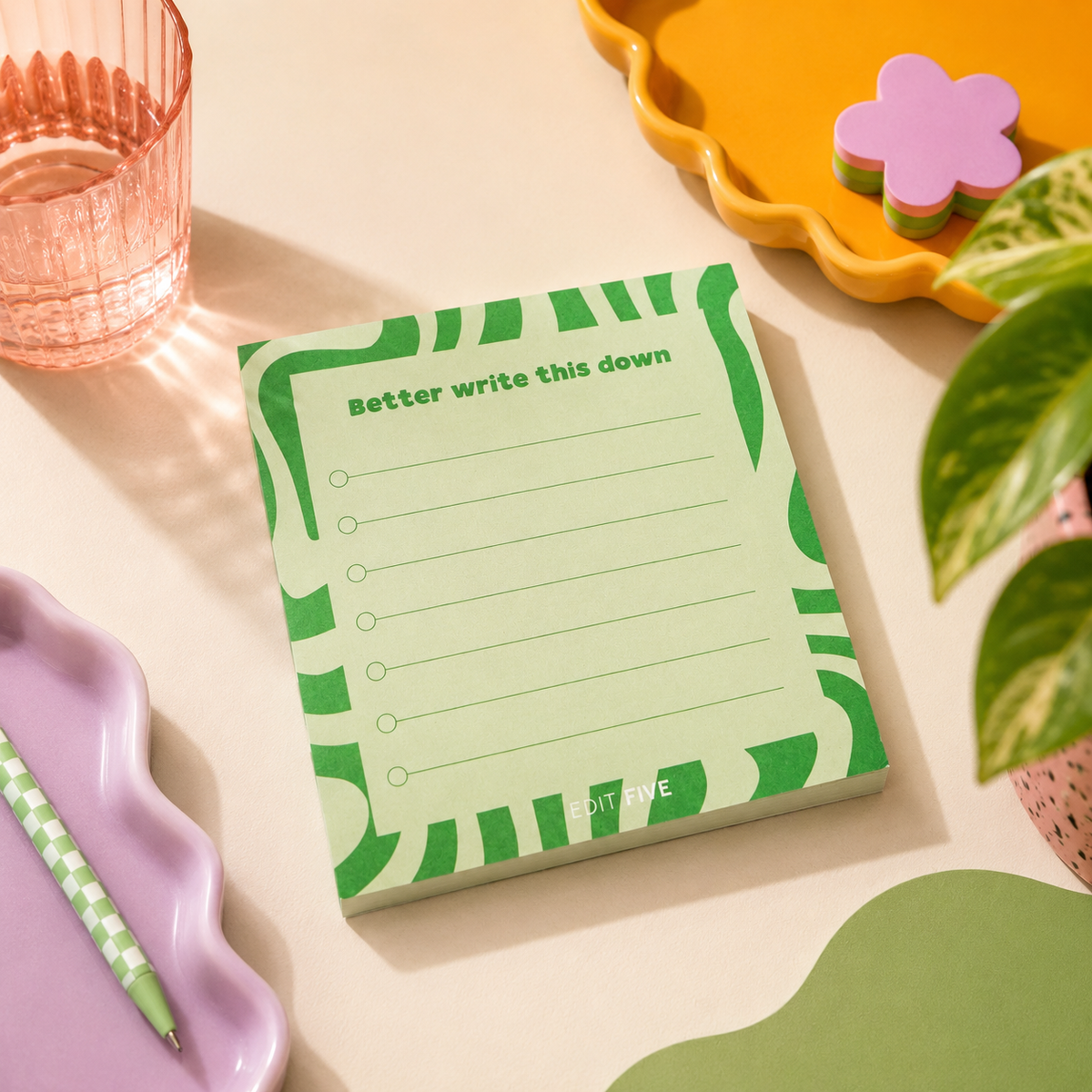 Compact square list-making notepad with smooth tear-off pages, lined writing space and tick boxes for capturing important ideas, appointments, work tasks and reminders—a fun stationery gift for busy or forgetful friends.