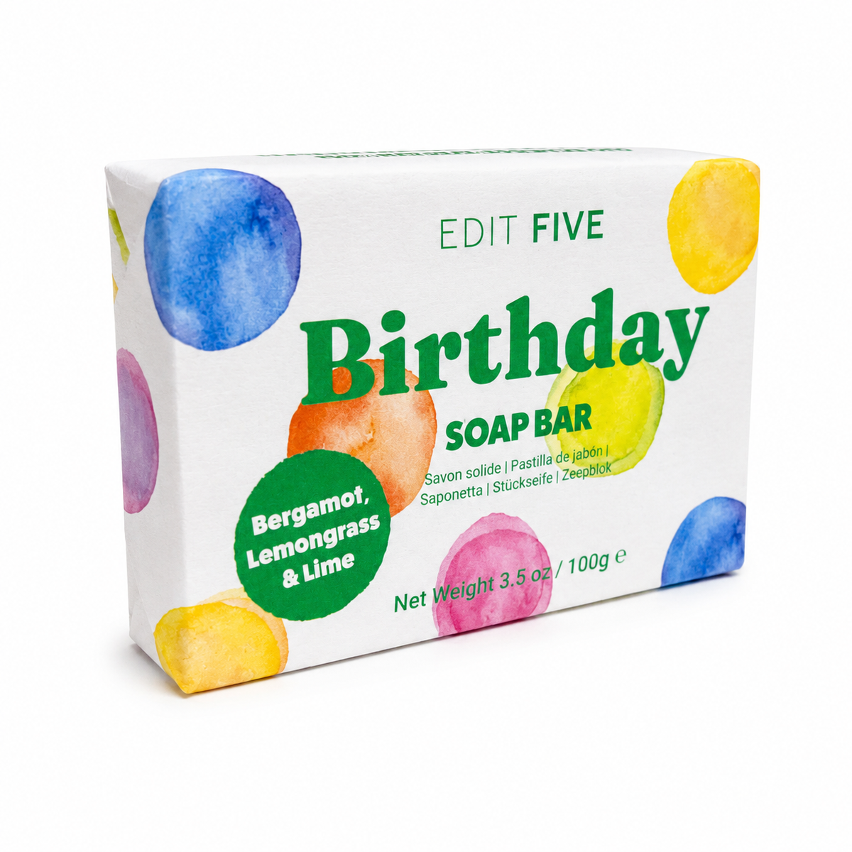 A boxed soap bar package labeled 'EDIT FIVE Birthday SOAP BAR' on a plain white background. The box is white with colorful watercolor-style circles in blue, yellow, pink, orange, and purple, plus green text reading 'Birthday' and 'Bergamot, Lemongrass &amp; Lime'. Refreshing artisan birthday soap made in England using traditional soap-making methods and natural citrus essential oils—a practical, colourful and thoughtful birthday present.