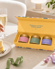 Contemporary birthday candle gift box containing three beautifully fragranced candles, each offering approximately 12 hours of burn time for over 36 hours of luxury home fragrance.