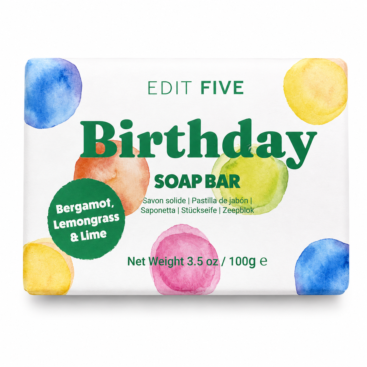 Colourful bergamot, lemongrass and lime soap bar with an uplifting citrus scent, creamy everyday lather and birthday-themed packaging, perfect for self-care gift boxes and birthday hampers.