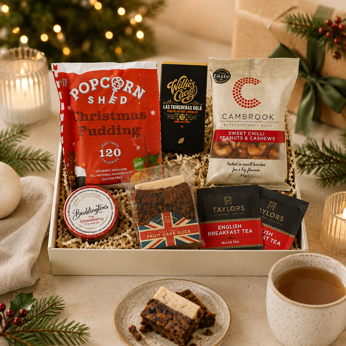 A Christmas-themed gift box filled with assorted treats and teas, arranged on a table with a mug of tea, a slice of cake, and holiday decorations in the background. Visible products include a bag of popcorn pudding, a bag of sweet chilli cashews and several tea bags.
