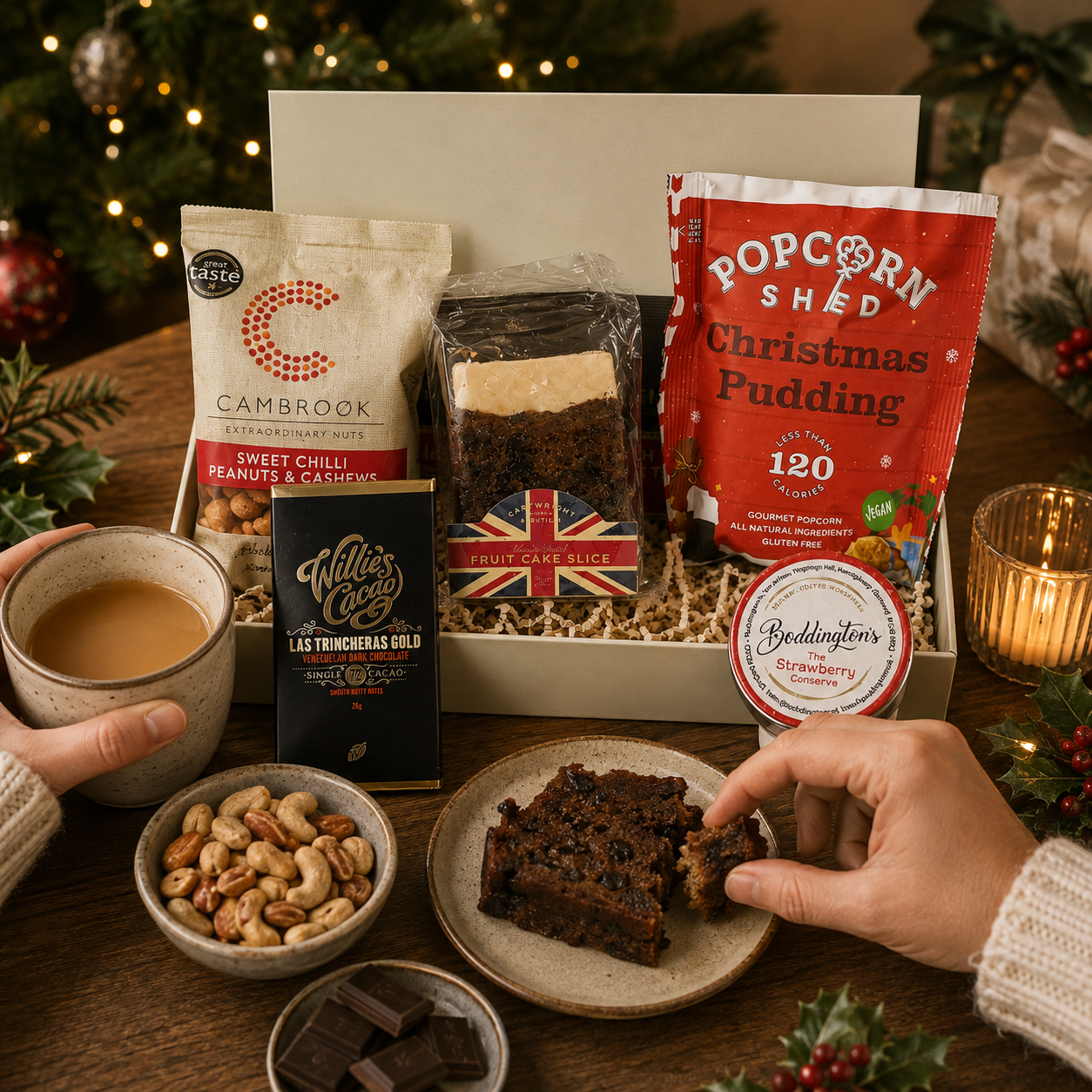 Luxury Christmas letterbox gift hamper for him featuring fruit cake, Christmas pudding popcorn, English Breakfast tea, sweet chilli peanuts and cashews, Christmas chutney and artisan dark chocolate in a premium Hallby festive gift box.