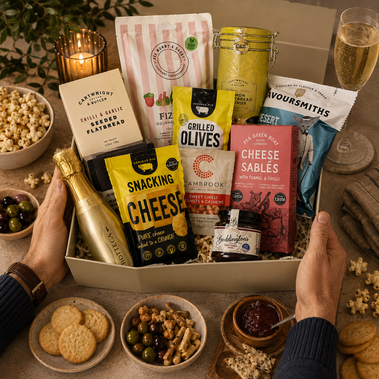 Luxury Christmas food and drink hamper in a large magnetic gift box featuring Bottega Prosecco, red wine, artisan tea, grilled olives, snacking cheese, Wagyu beef and honey mustard crisps, florentines, mince pie stuffed cookies, fruit cake, festive preserves, fudge and seeded flatbreads.