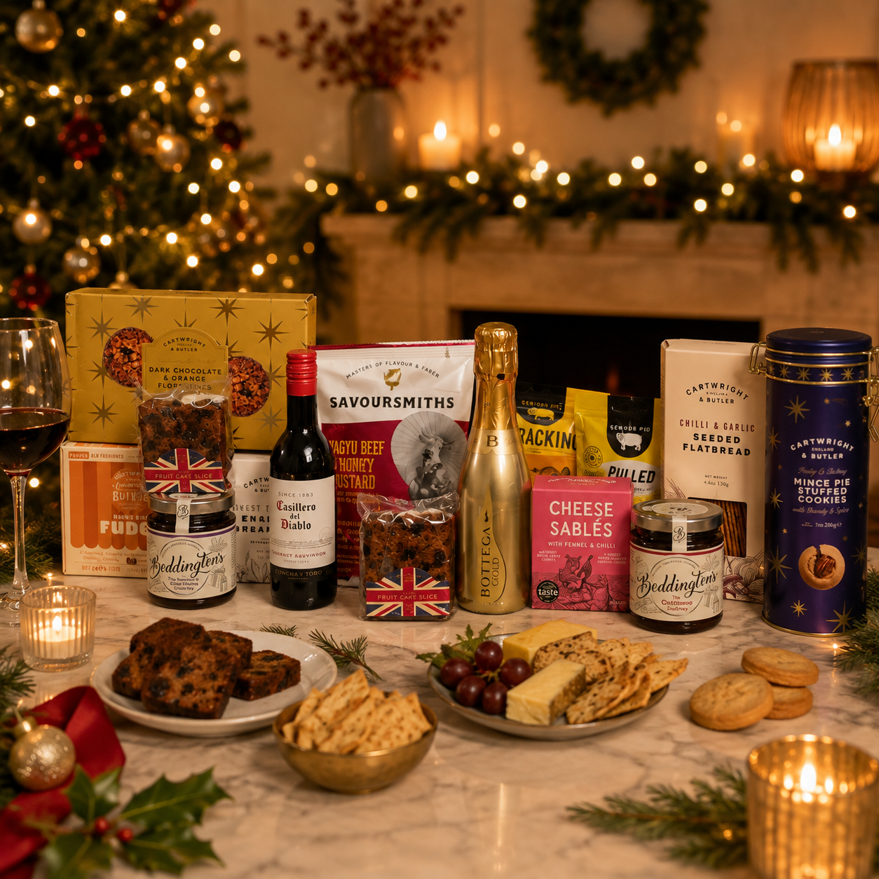 Luxury Christmas food and drink hamper in a large magnetic gift box featuring Bottega Prosecco, red wine, artisan tea, grilled olives, snacking cheese, Wagyu beef and honey mustard crisps, florentines, mince pie stuffed cookies, fruit cake, festive preserves, fudge and seeded flatbreads.