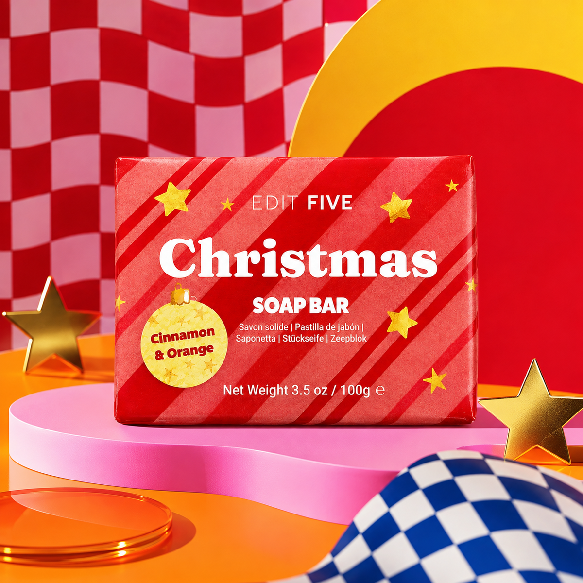 Colourfully packaged Christmas soap featuring a warm cinnamon and citrus fragrance, natural essential oils and bold candy-cane artwork for festive bathroom style.