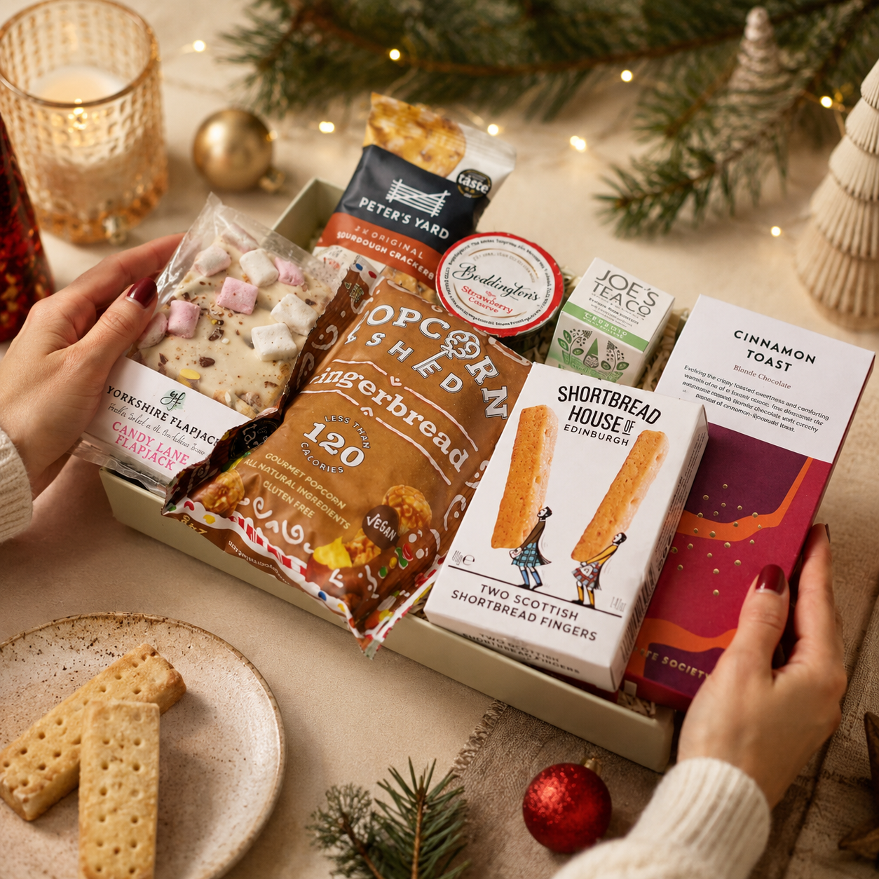 Luxury Christmas letterbox gift hamper featuring gingerbread popcorn, Candy Lane flapjack, buttery shortbread, peppermint tea, cinnamon toast blonde chocolate, artisan sourdough crackers and Christmas chutney presented in a premium Hallby gift box.