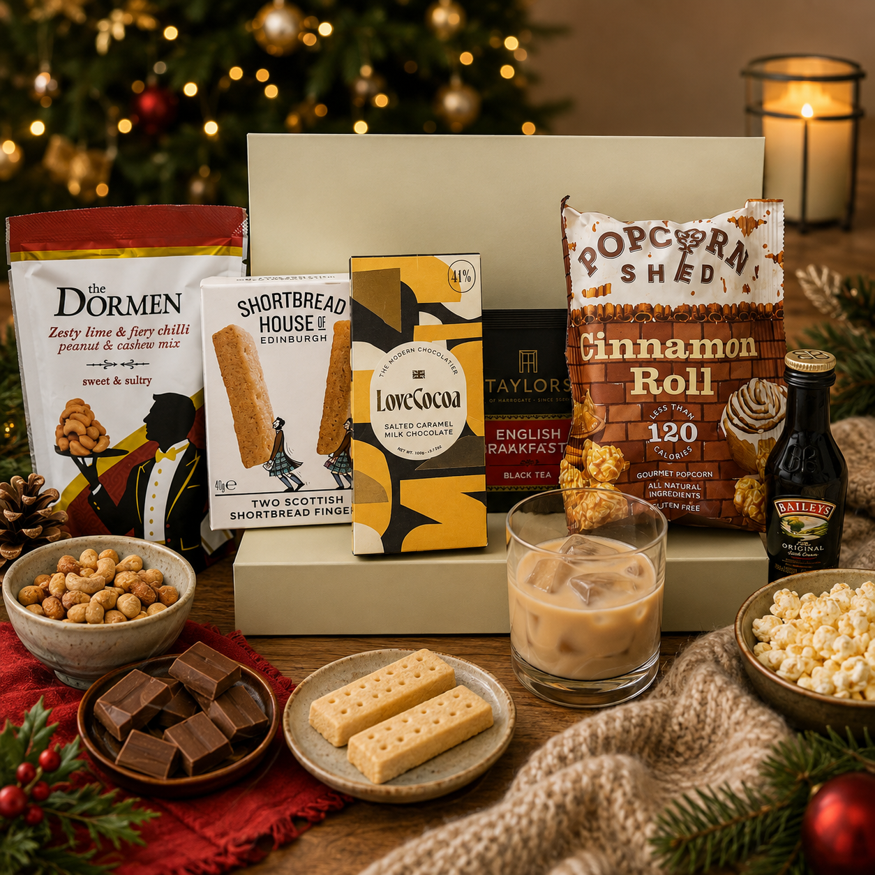 Luxury Christmas letterbox gift hamper featuring Baileys Irish Cream, English Breakfast tea, cinnamon roll popcorn, salted caramel chocolate, zesty lime and chilli peanut and cashew mix, and all-butter shortbread presented in a premium Hallby gift box.