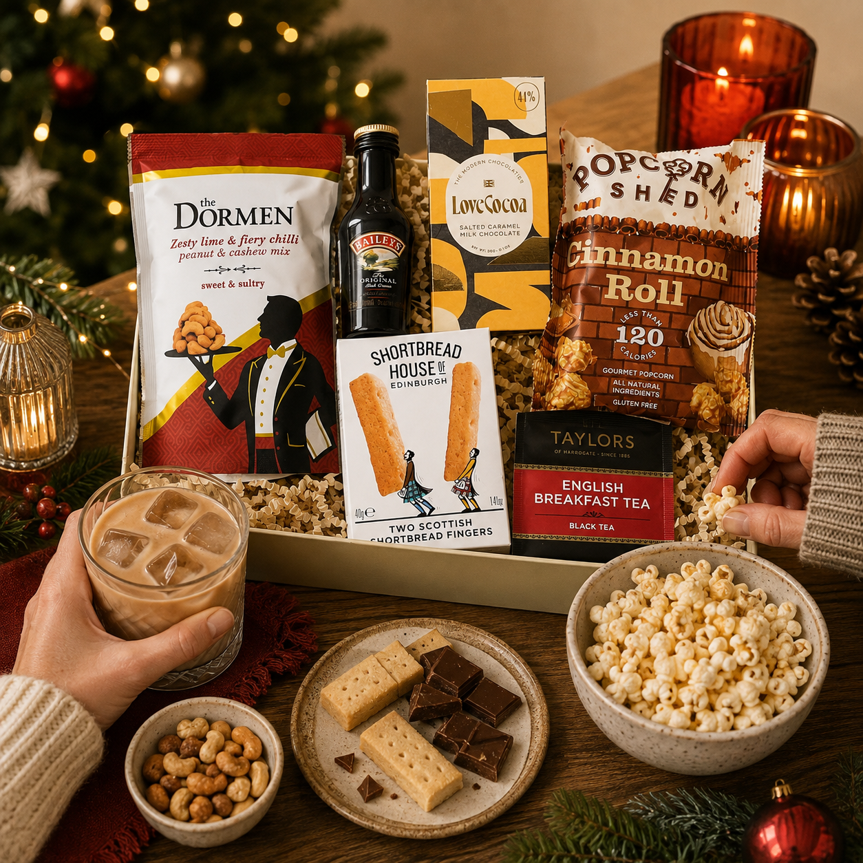 Luxury Christmas letterbox gift hamper featuring Baileys Irish Cream, English Breakfast tea, cinnamon roll popcorn, salted caramel chocolate, zesty lime and chilli peanut and cashew mix, and all-butter shortbread presented in a premium Hallby gift box.
