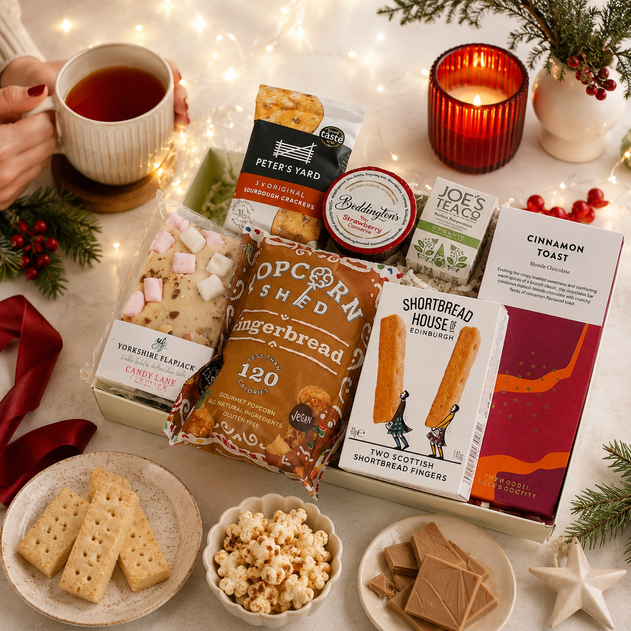 Luxury Christmas letterbox gift hamper featuring gingerbread popcorn, Candy Lane flapjack, buttery shortbread, peppermint tea, cinnamon toast blonde chocolate, artisan sourdough crackers and Christmas chutney presented in a premium Hallby gift box.