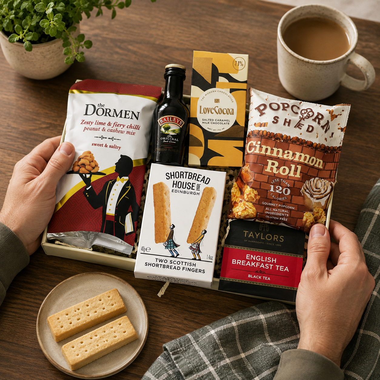 Luxury Christmas letterbox gift hamper featuring Baileys Irish Cream, English Breakfast tea, cinnamon roll popcorn, salted caramel chocolate, zesty lime and chilli peanut and cashew mix, and all-butter shortbread presented in a premium Hallby gift box.