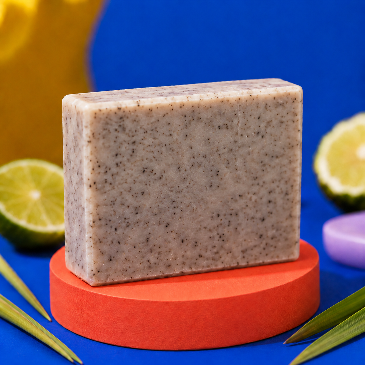 A rectangular bar of speckled soap in a light beige-gray tone sits on a round orange pedestal against a bright blue background, with lime slices and green leaves used as styled props. Handmade 100g artisan soap for Grandad, combining invigorating coffee with fresh lime essential oil for an energising fragrance and refreshing everyday cleansing experience.
