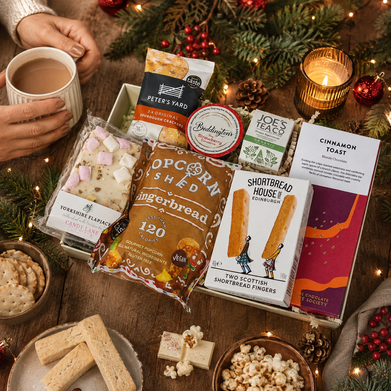 Luxury Christmas letterbox gift hamper featuring gingerbread popcorn, Candy Lane flapjack, buttery shortbread, peppermint tea, cinnamon toast blonde chocolate, artisan sourdough crackers and Christmas chutney presented in a premium Hallby gift box.