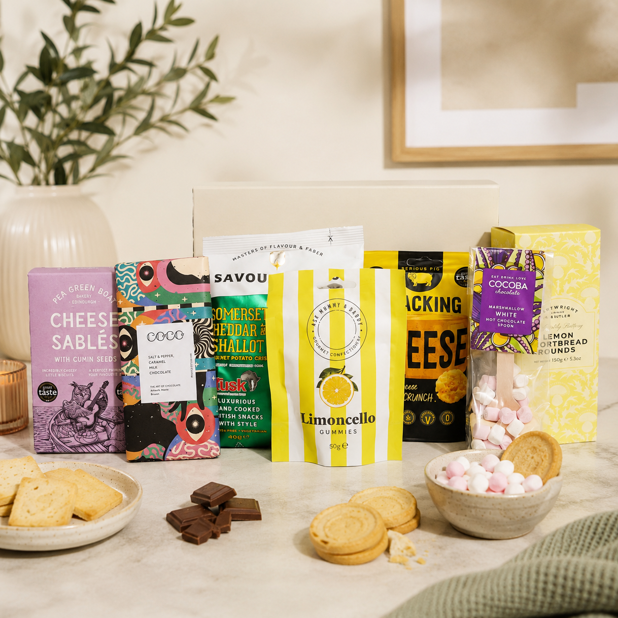 Luxury gourmet gift hamper in a premium magnetic gift box featuring lemon shortbread, cookies and cream popcorn, snacking cheese, limoncello gummies, salted caramel chocolate, red onion relish, cheese sablés and a marshmallow white hot chocolate spoon.