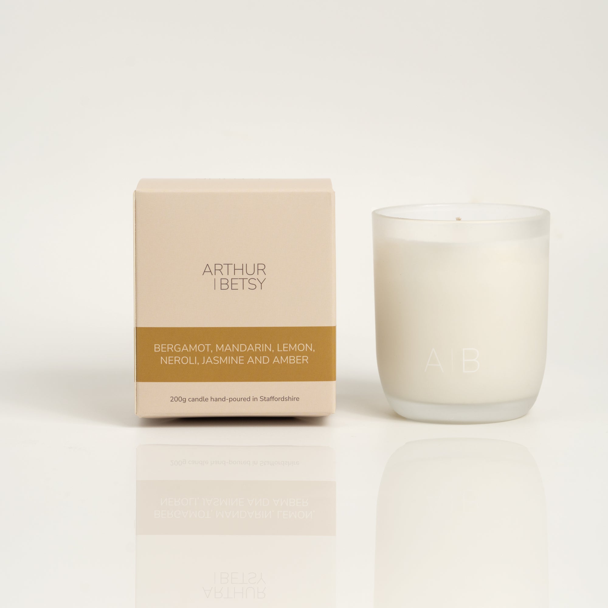 Bergamot, Mandarin, Lemon, Neroli, Jasmine and Amber Arthur Betsy candle and branded box