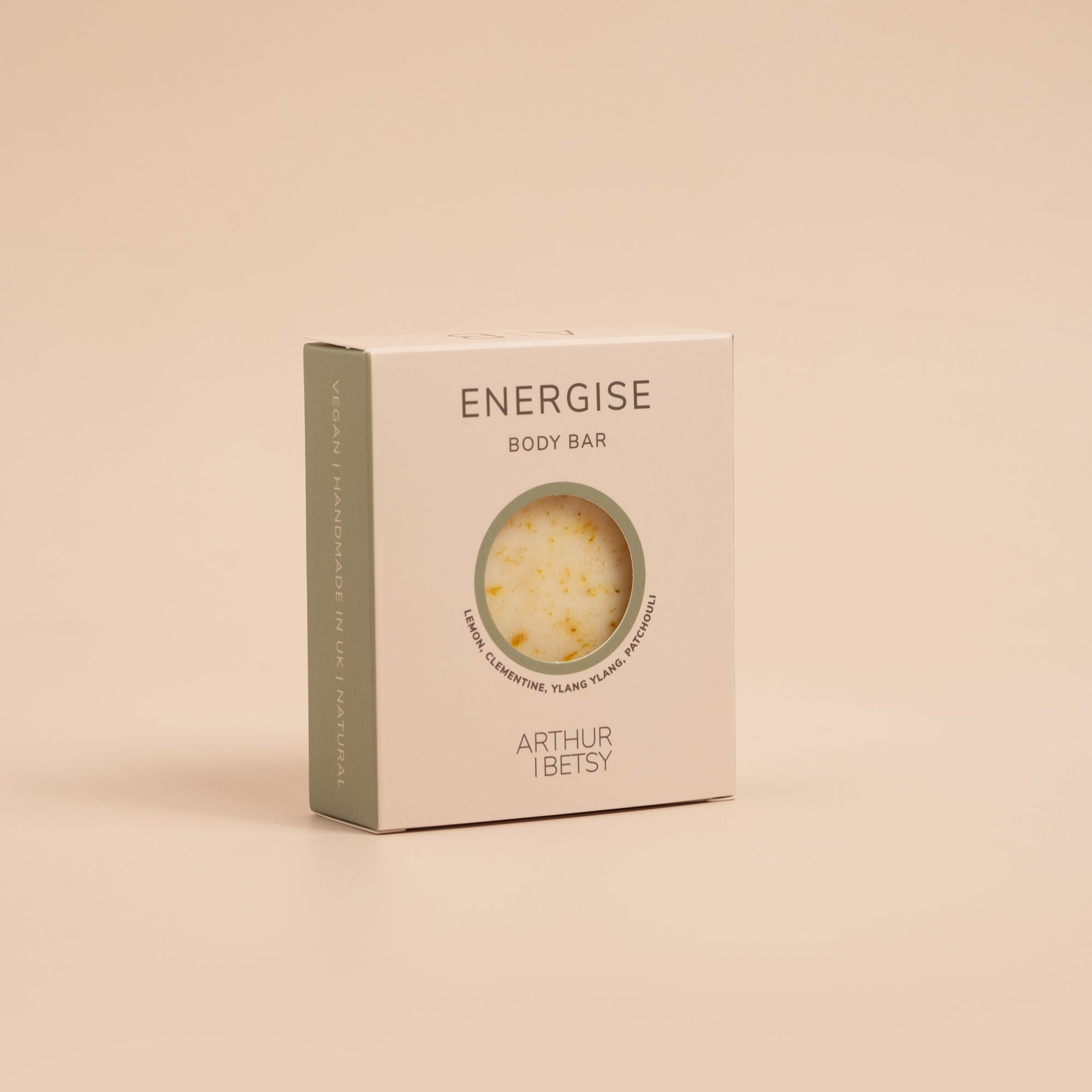 Energise soap bar, with scents of lemon, clementine, ylang ylang and patchouli essential oils