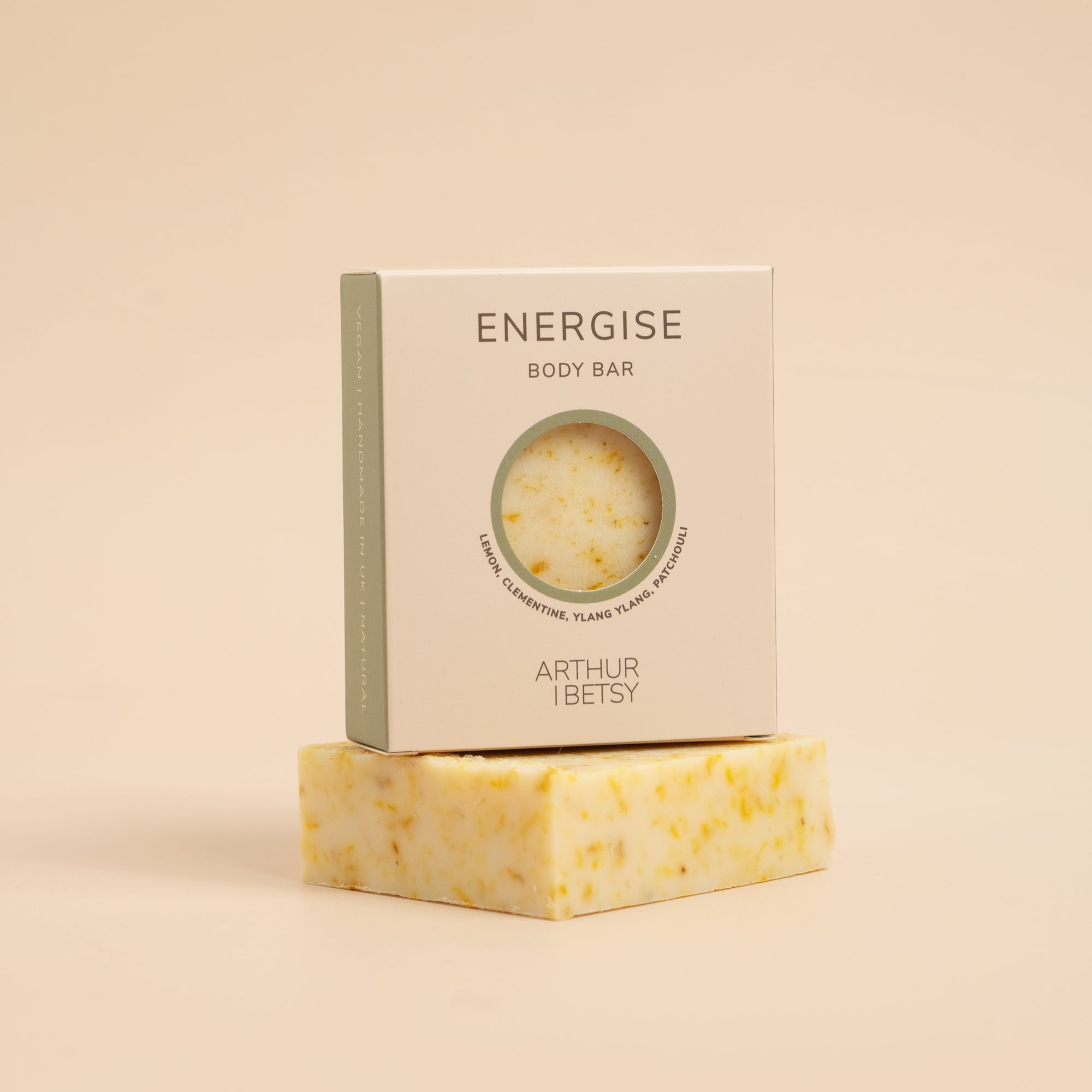 Energise soap bar, with scents of lemon, clementine, ylang ylang and patchouli essential oils