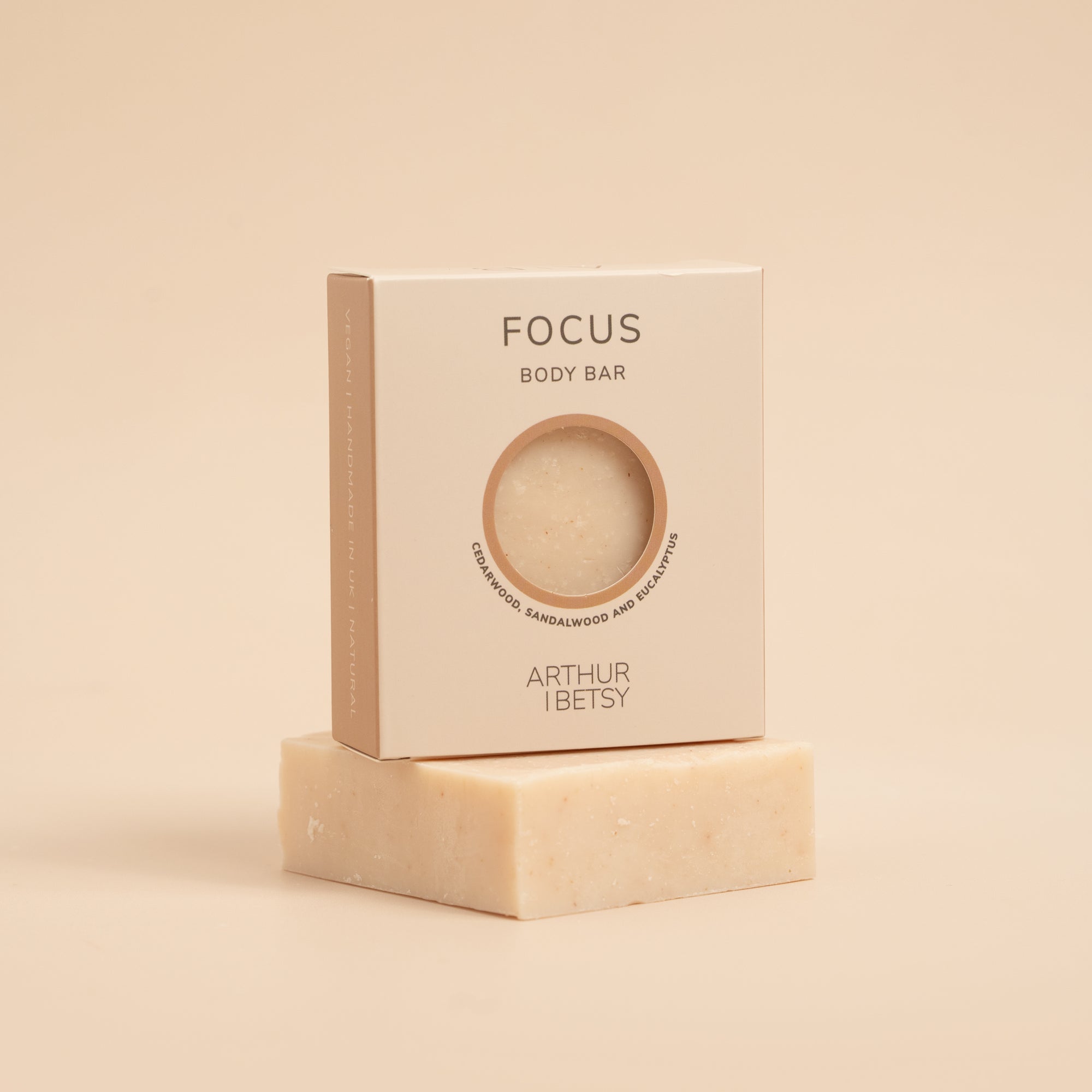 Arthur Betsy Focus soap bar with cedarwood, sandalwood, and eucalyptus essential oils.