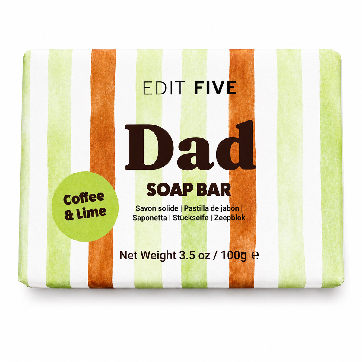 A packaged soap bar labeled 'EDIT FIVE Dad SOAP BAR' with a green and white striped wrapper featuring vertical orange stripes, plus a green circle that says 'Coffee &amp; Lime.'. Colourfully packaged 100g Dad soap bar with a fresh citrus and coffee fragrance, natural essential oil and gentle exfoliation, ideal for men’s gift hampers and grooming sets.