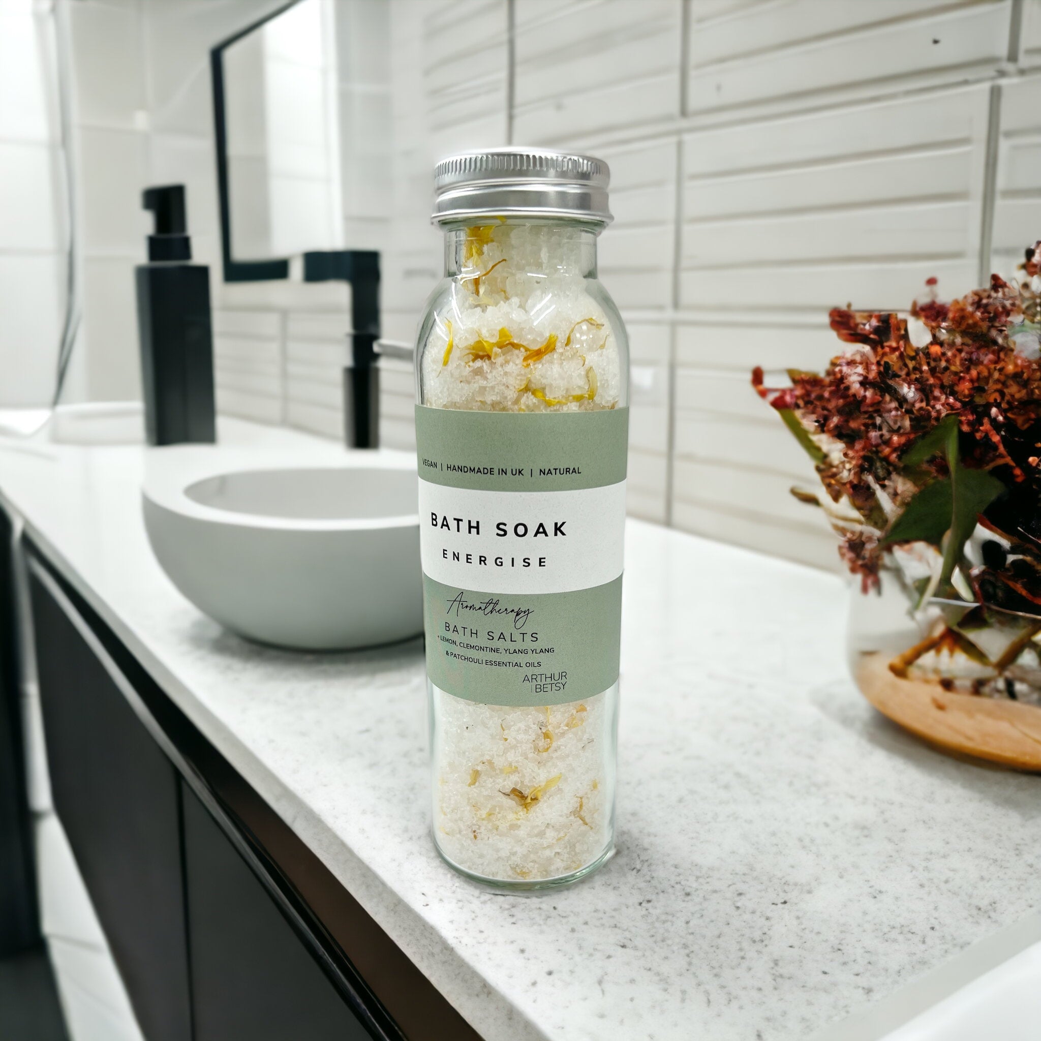 Bath soak salts glass bottle