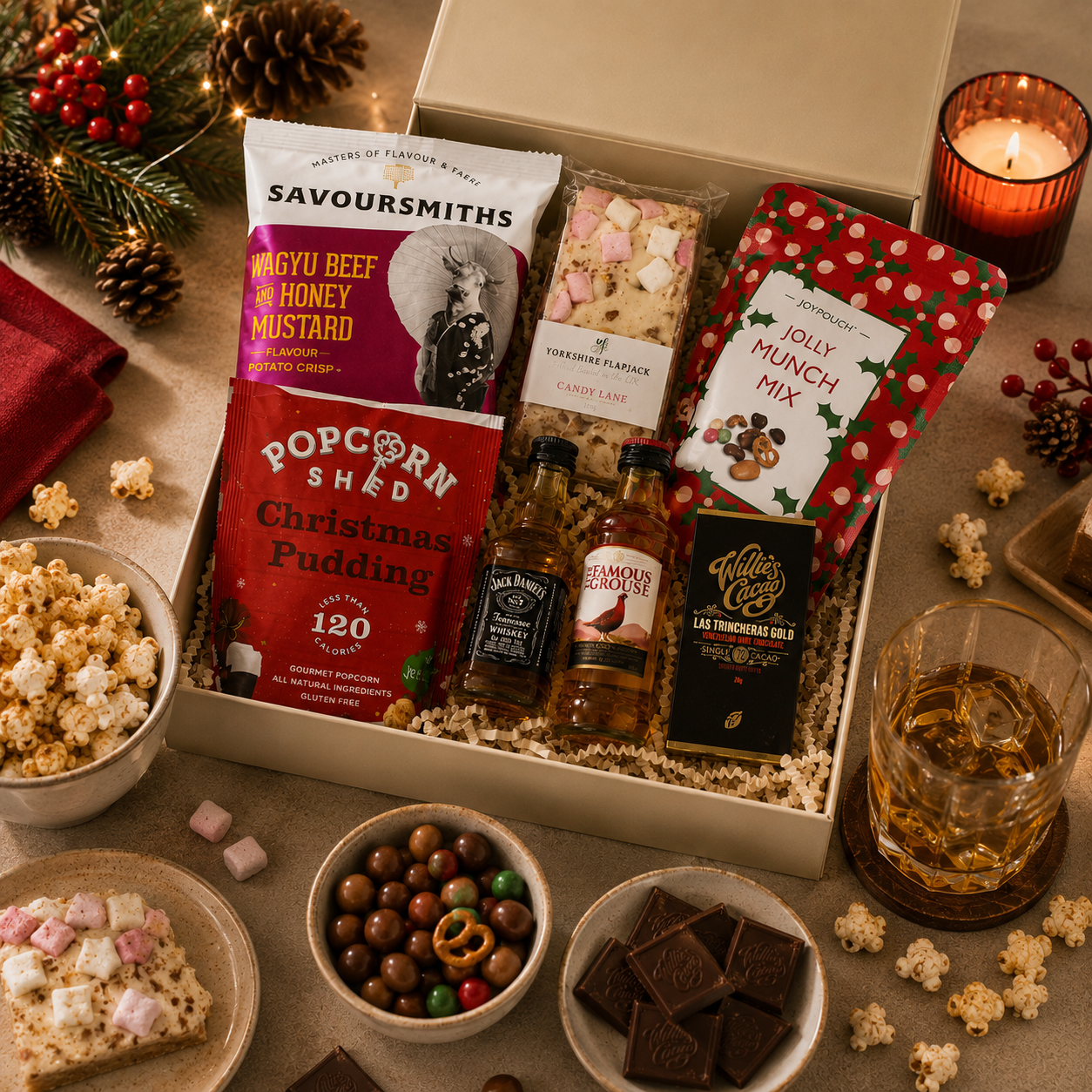 Luxury Christmas gift hamper in a premium magnetic gift box featuring Christmas pudding popcorn, festive munch mix, Wagyu beef and honey mustard crisps, artisan dark chocolate, Candy Lane flapjack, The Famous Grouse whisky and Jack Daniel's whiskey.
