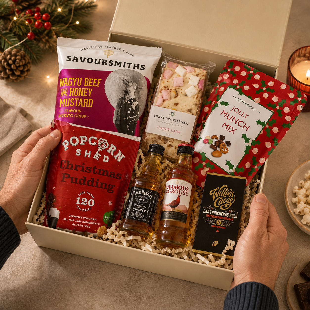 Luxury Christmas gift hamper in a premium magnetic gift box featuring Christmas pudding popcorn, festive munch mix, Wagyu beef and honey mustard crisps, artisan dark chocolate, Candy Lane flapjack, The Famous Grouse whisky and Jack Daniel's whiskey.