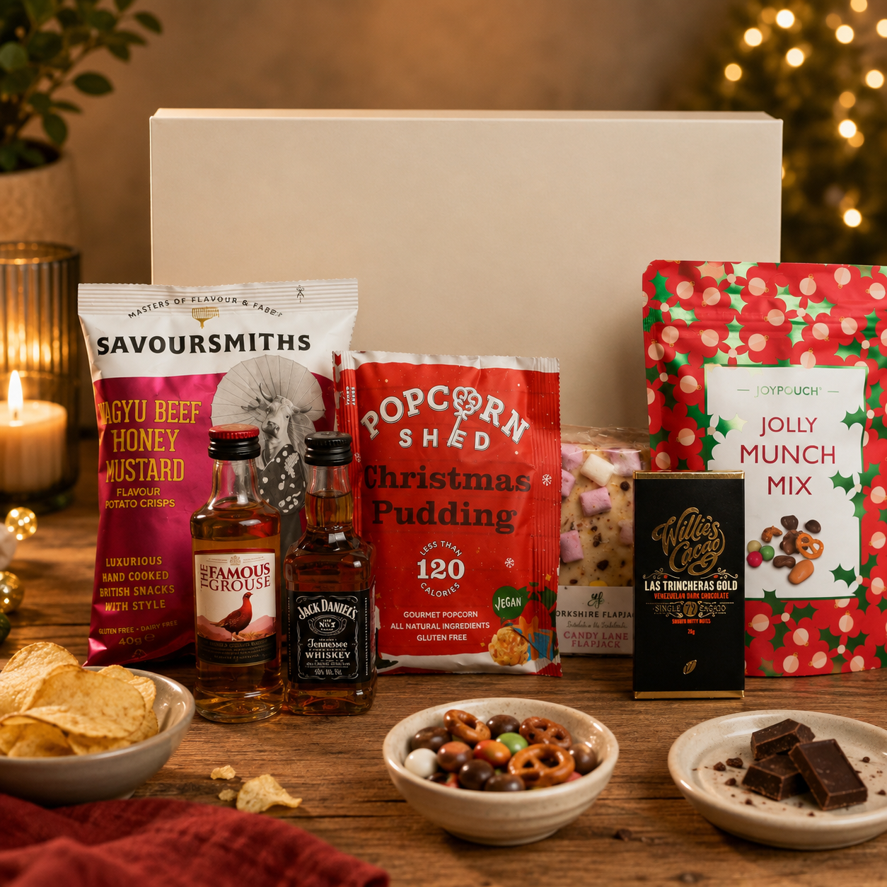Luxury Christmas gift hamper in a premium magnetic gift box featuring Christmas pudding popcorn, festive munch mix, Wagyu beef and honey mustard crisps, artisan dark chocolate, Candy Lane flapjack, The Famous Grouse whisky and Jack Daniel's whiskey.